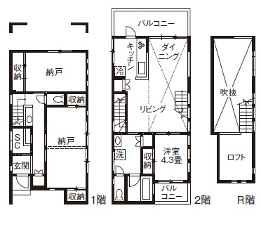 吹抜けリビングのある家の間取り図⑤