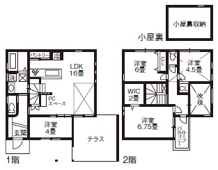 吹抜けリビングのある家の間取り図②